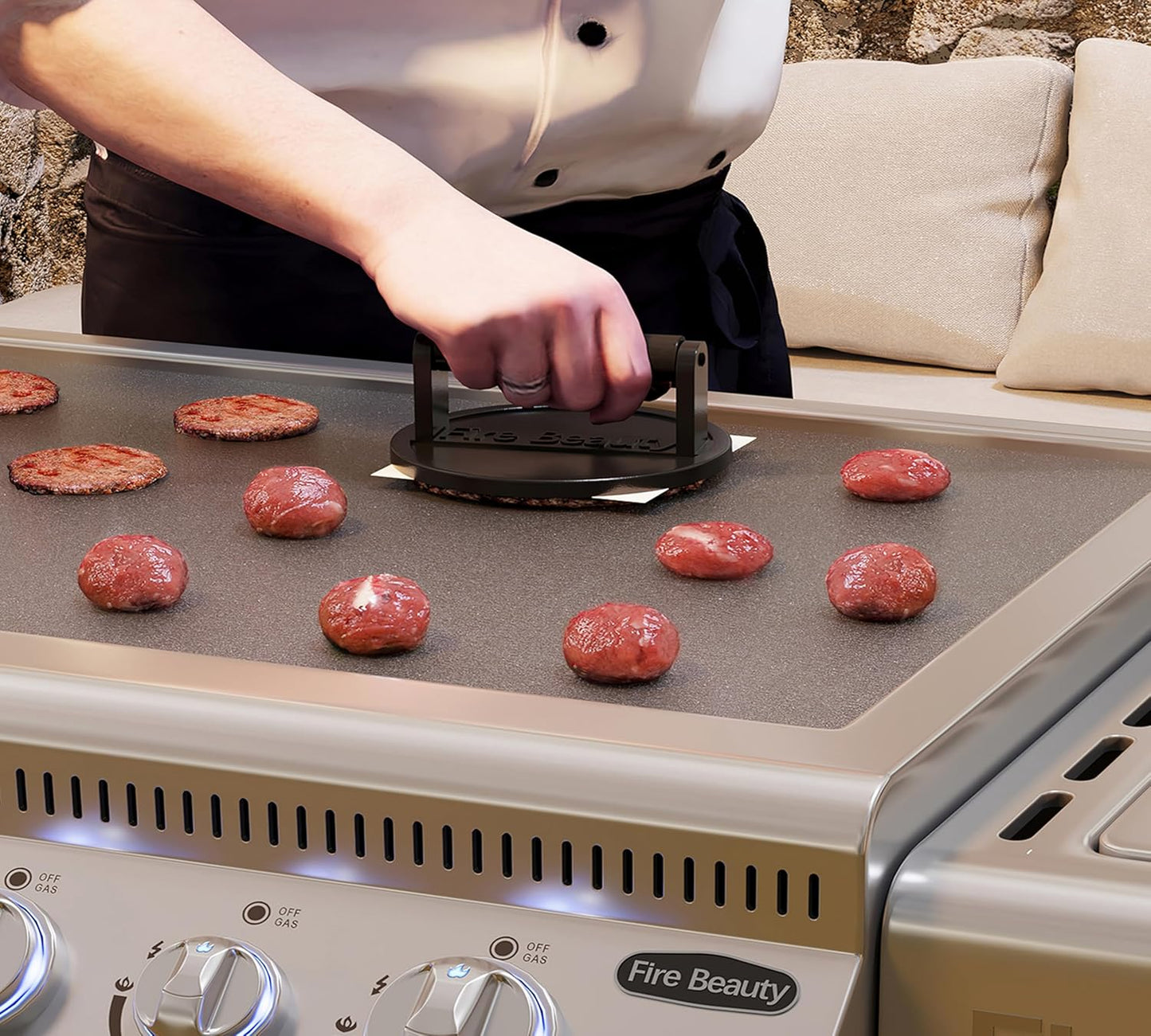 6.5" Cast Iron Grill Press with Wood Handle for Seared Bacon, Steak, and Burgers - Pre-Seasoned, Ideal for Indoor and Outdoor Cooking