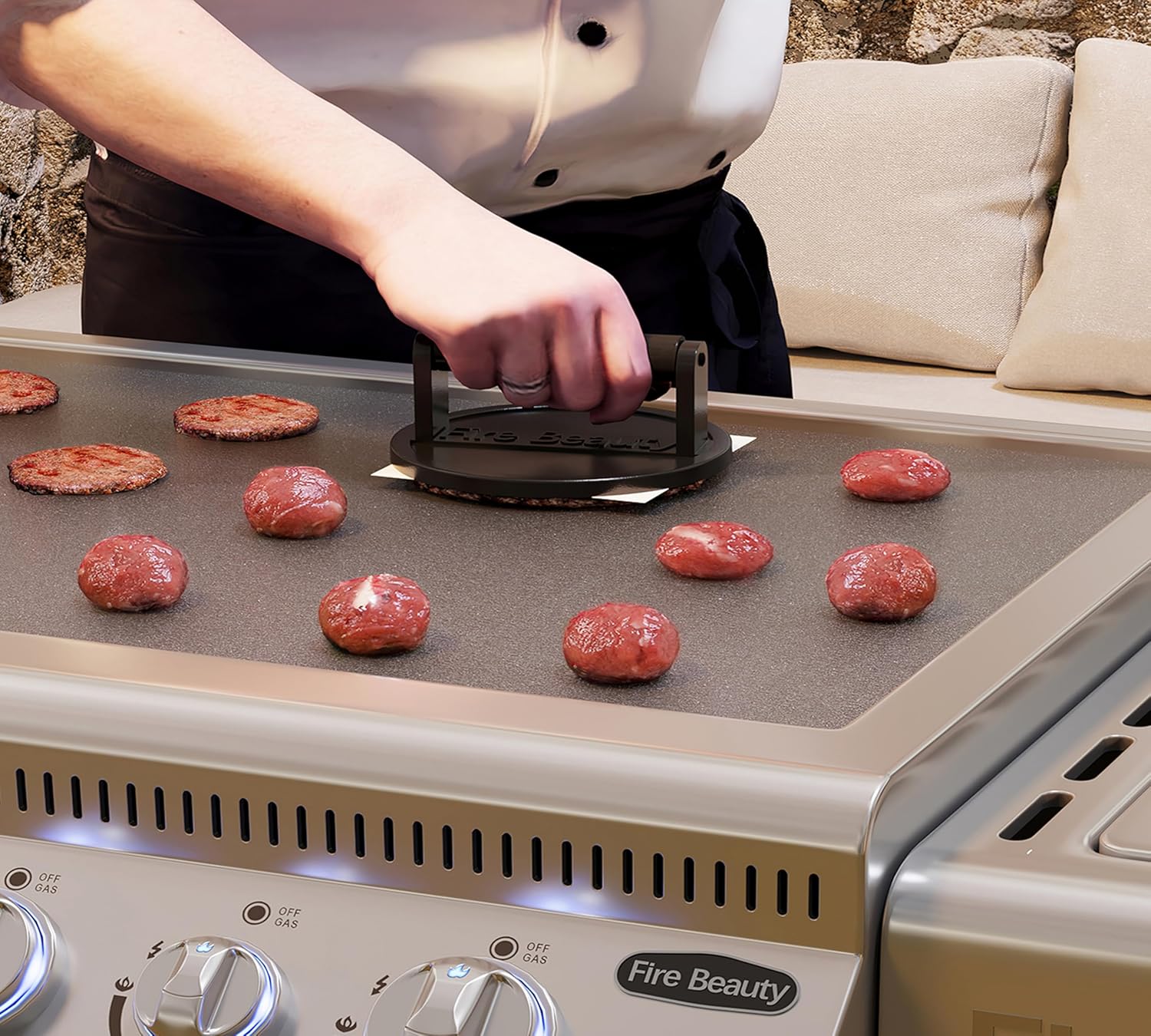 6.5" Cast Iron Grill Press with Wood Handle for Seared Bacon, Steak, and Burgers - Pre-Seasoned, Ideal for Indoor and Outdoor Cooking