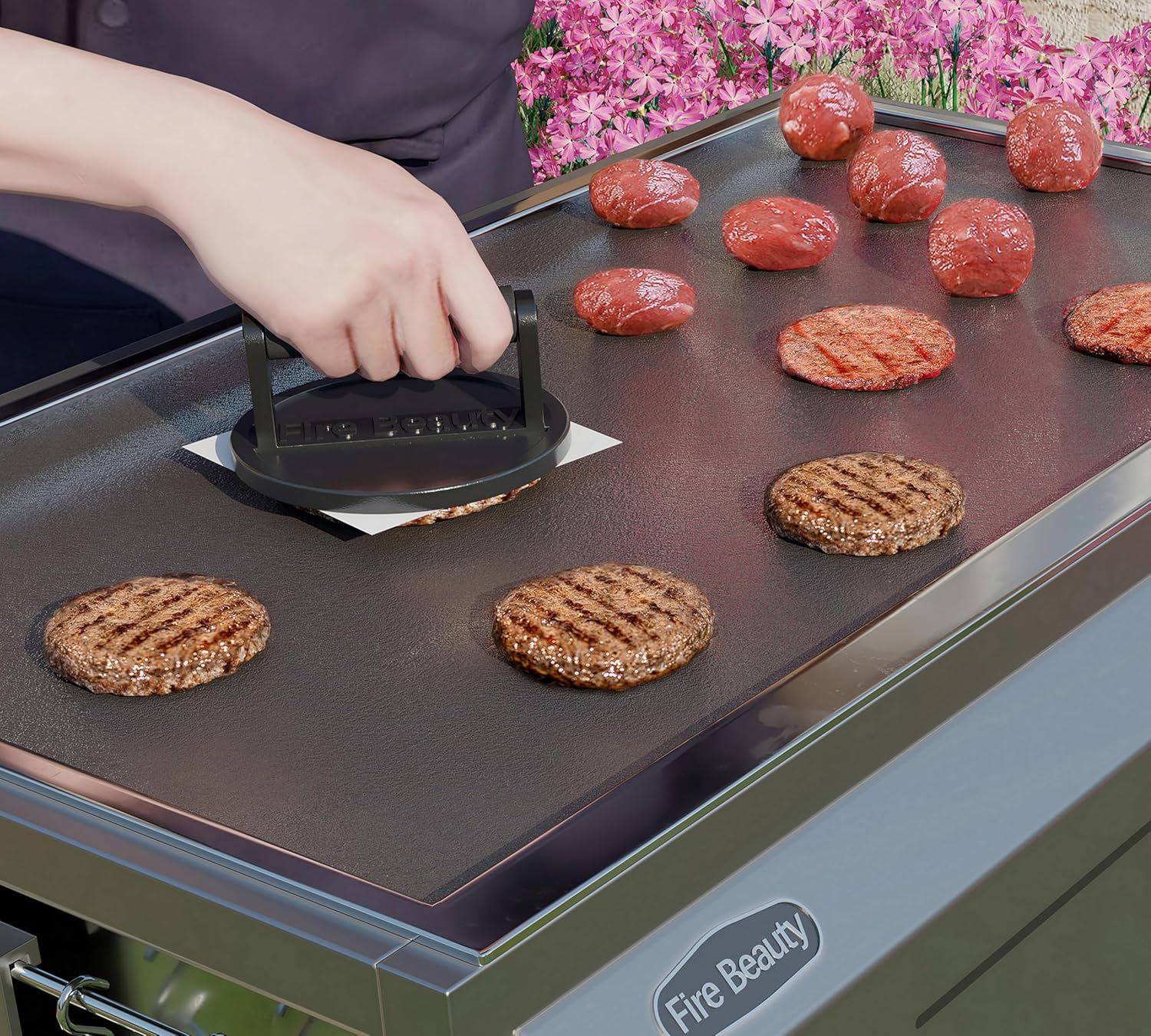 6.5" Cast Iron Grill Press with Wood Handle for Seared Bacon, Steak, and Burgers - Pre-Seasoned, Ideal for Indoor and Outdoor Cooking