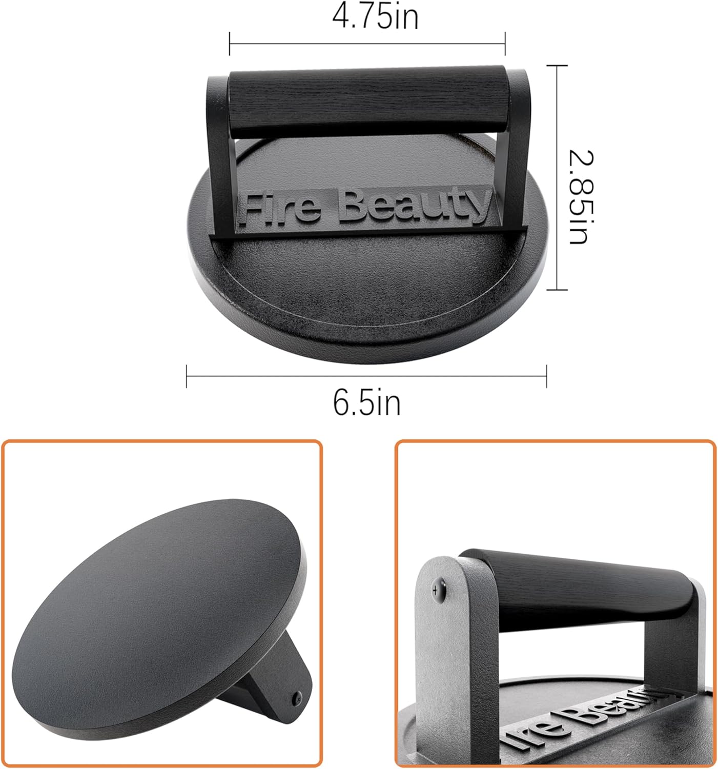 6.5" Cast Iron Grill Press with Wood Handle for Seared Bacon, Steak, and Burgers - Pre-Seasoned, Ideal for Indoor and Outdoor Cooking