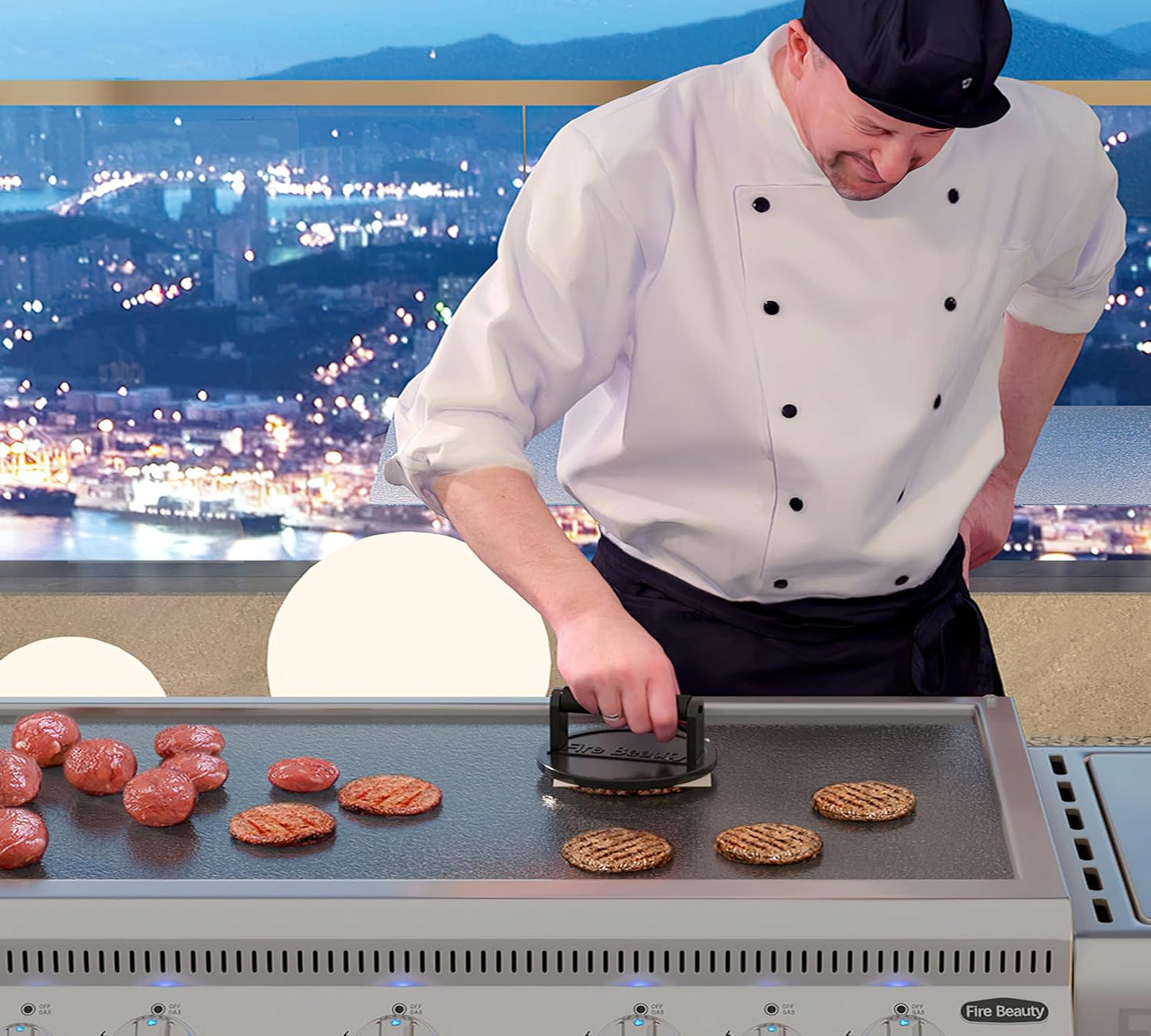 6.5" Cast Iron Grill Press with Wood Handle for Seared Bacon, Steak, and Burgers - Pre-Seasoned, Ideal for Indoor and Outdoor Cooking