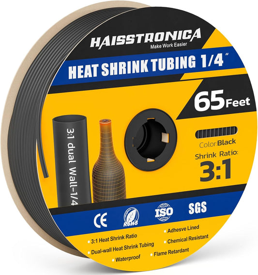 65FT 1/4" Black Heat Shrink Tubing Kit - Adhesive Lined Marine Grade Shrink Tube for Home, Auto, Industrial - 3:1 Shrink Ratio