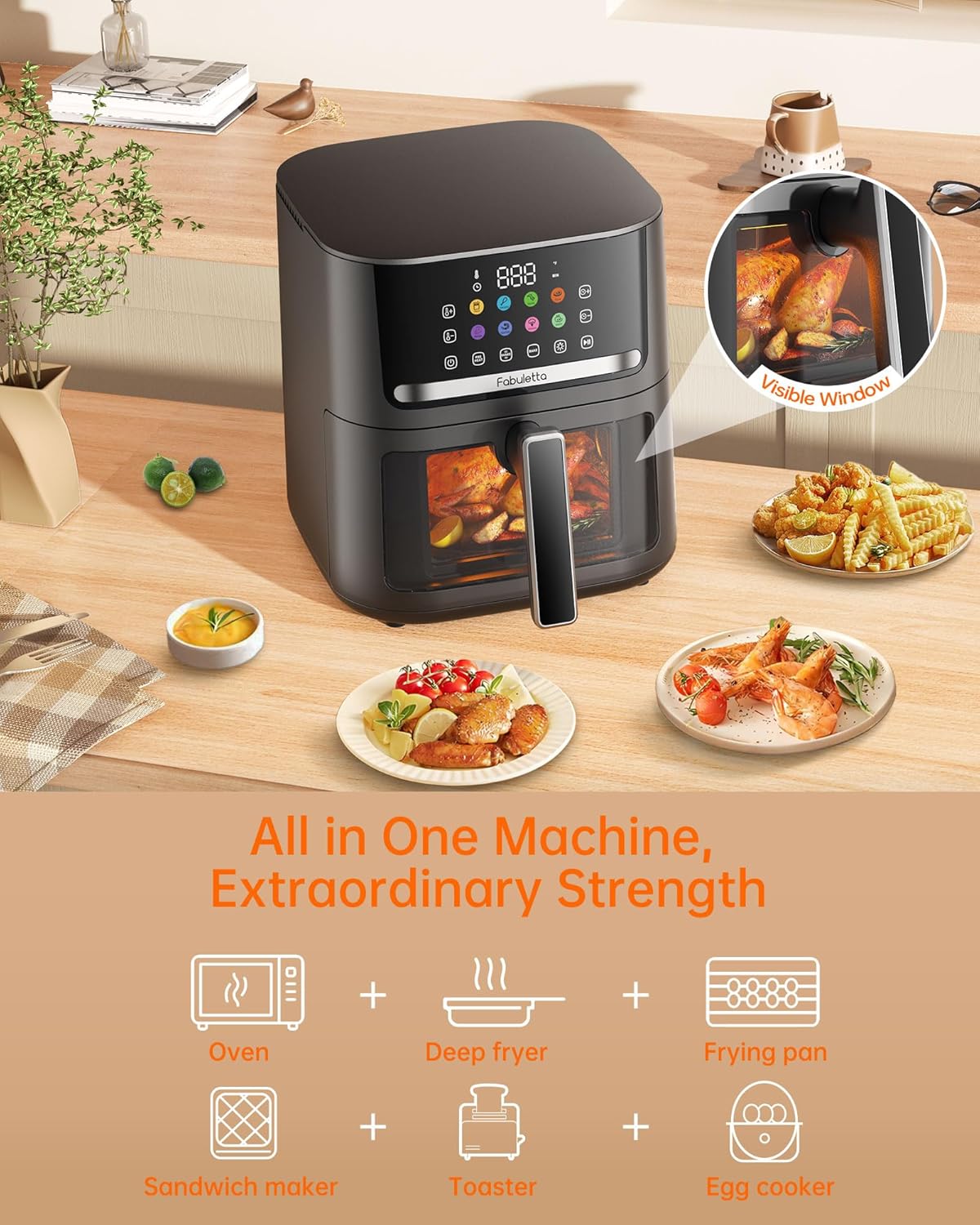 6.5QT Large Air Fryer with Clear Window and Washable Basket - 10-in-1 Presets for Crisp, Roast, Bake, and Reheat - Auto Shut-off and Nonstick - Includes Free Recipes for Easy Meals