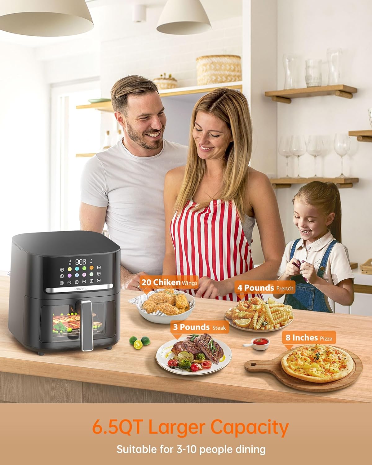 6.5QT Large Air Fryer with Clear Window and Washable Basket - 10-in-1 Presets for Crisp, Roast, Bake, and Reheat - Auto Shut-off and Nonstick - Includes Free Recipes for Easy Meals