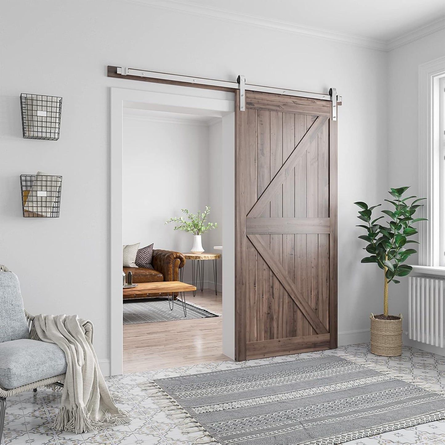 6.6 Ft Brushed Nickel Barn Door Hardware Kit - Heavy Duty Sliding Track - Easy Install - Fits 36"-40" Wide Door Panel - Smooth & Quiet Operation - WildKart