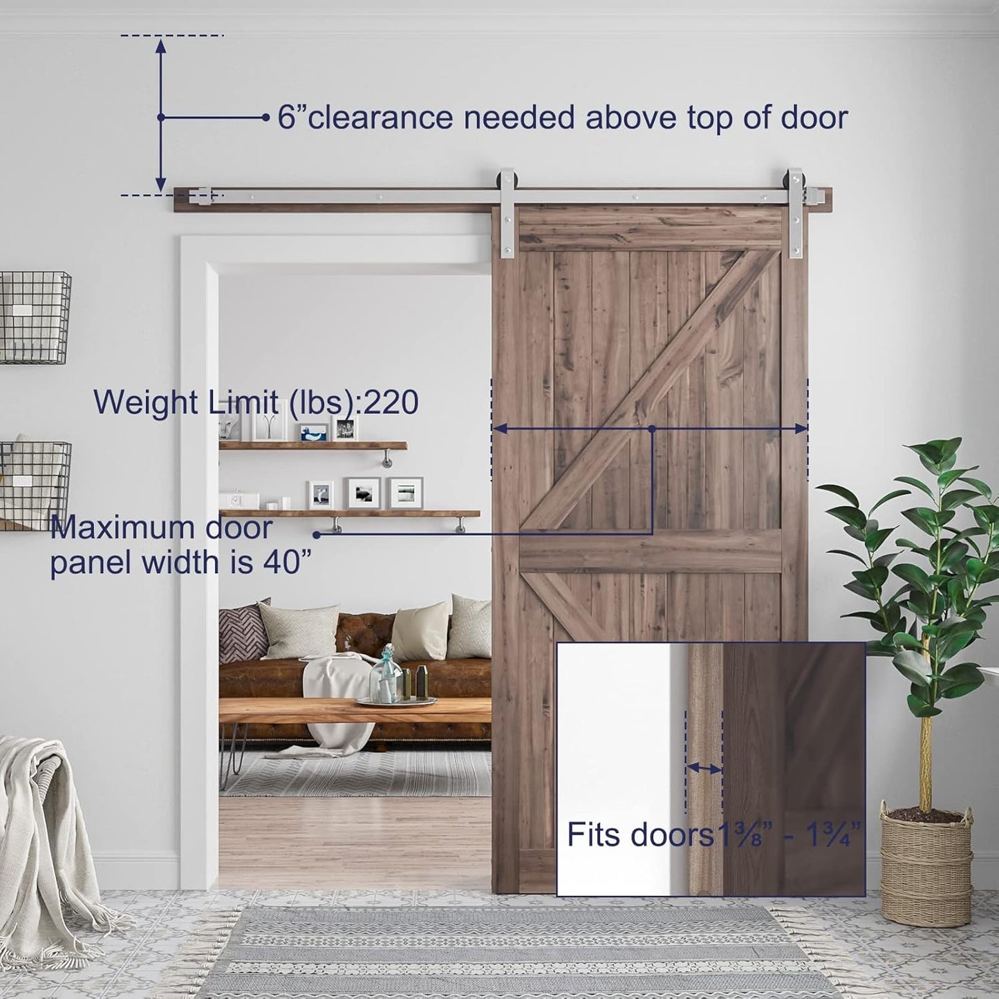 6.6 Ft Brushed Nickel Barn Door Hardware Kit - Heavy Duty Sliding Track - Easy Install - Fits 36"-40" Wide Door Panel - Smooth & Quiet Operation - WildKart