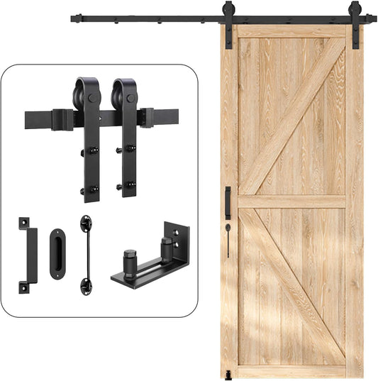 6.6 FT Heavy Duty Sliding Barn Door Hardware Kit - Smooth & Quiet - Easy Install - Adjustable Floor Guide, Hook, Handles - Fits 1 3/8-1 3/4" Thick Doors - Black, J Shape Hangers - WildKart