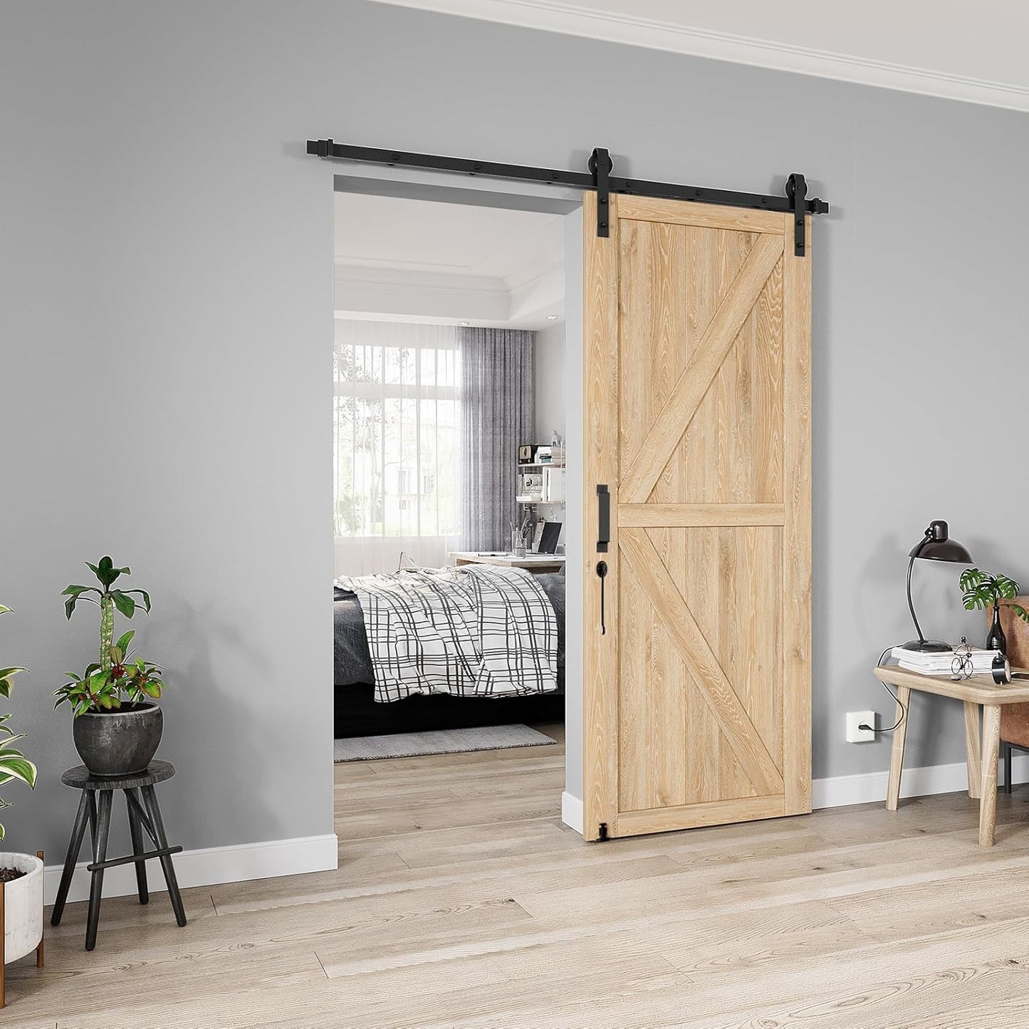 6.6 FT Heavy Duty Sliding Barn Door Hardware Kit - Smooth & Quiet - Easy Install - Adjustable Floor Guide, Hook, Handles - Fits 1 3/8-1 3/4" Thick Doors - Black, J Shape Hangers - WildKart