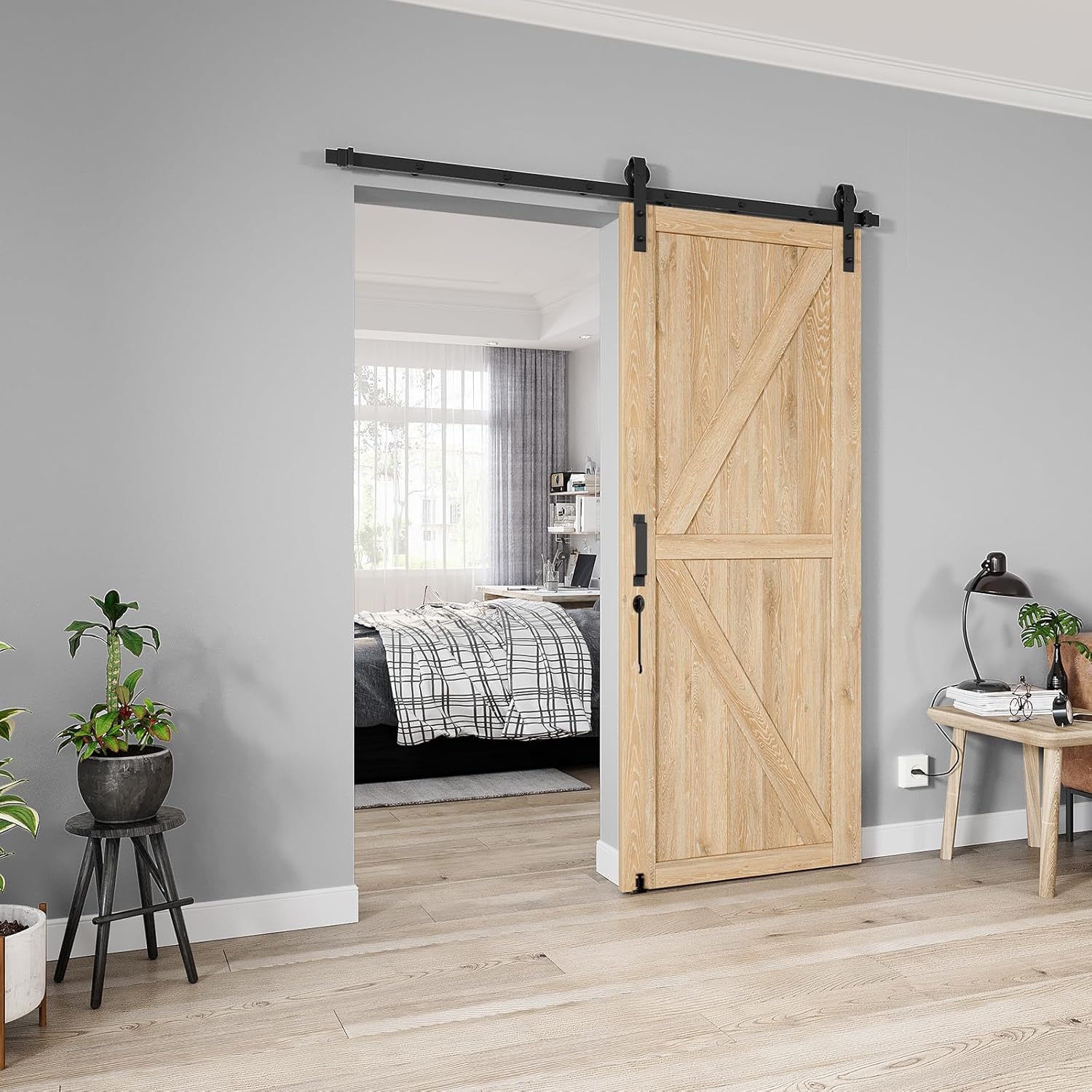 6.6 FT Heavy Duty Sliding Barn Door Hardware Kit - Smooth & Quiet - Easy Install - Adjustable Floor Guide, Hook, Handles - Fits 1 3/8-1 3/4" Thick Doors - Black, J Shape Hangers - WildKart