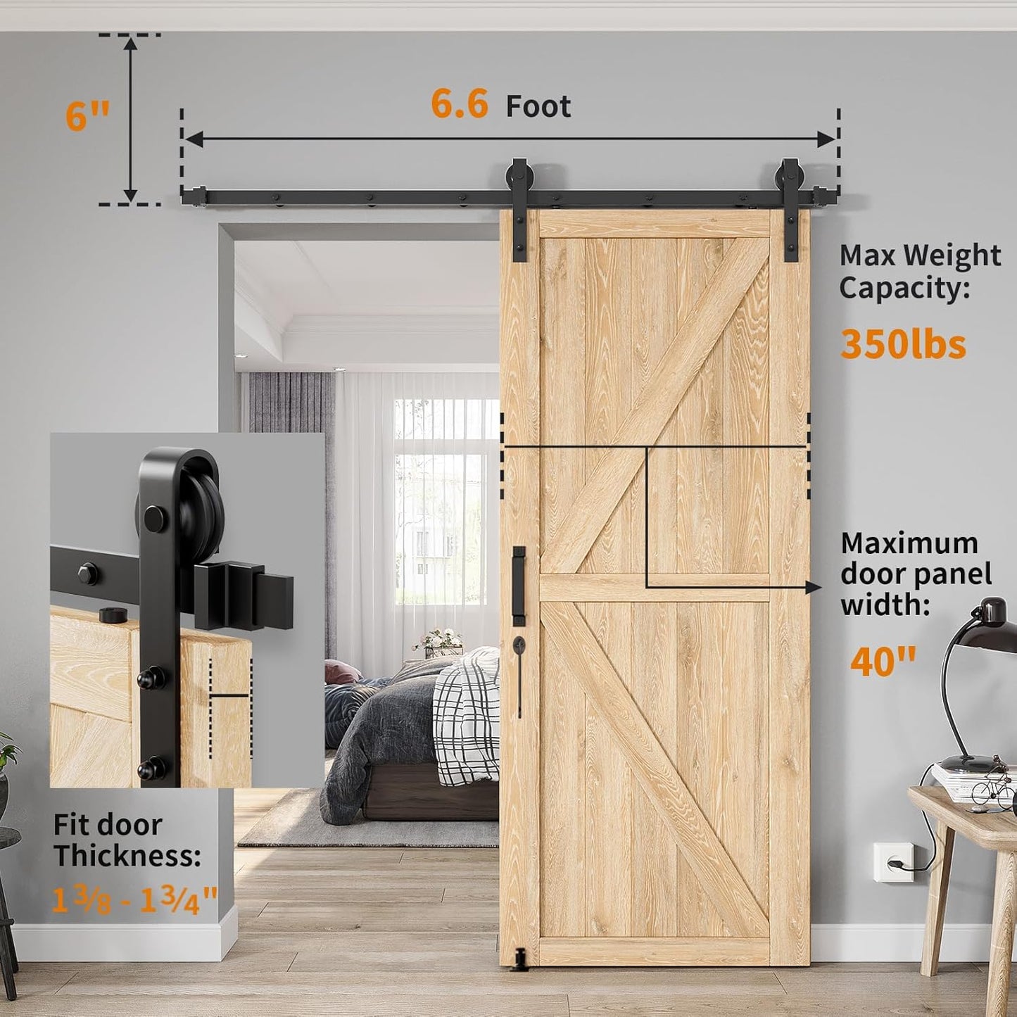6.6 FT Heavy Duty Sliding Barn Door Hardware Kit - Smooth & Quiet - Easy Install - Adjustable Floor Guide, Hook, Handles - Fits 1 3/8-1 3/4" Thick Doors - Black, J Shape Hangers - WildKart