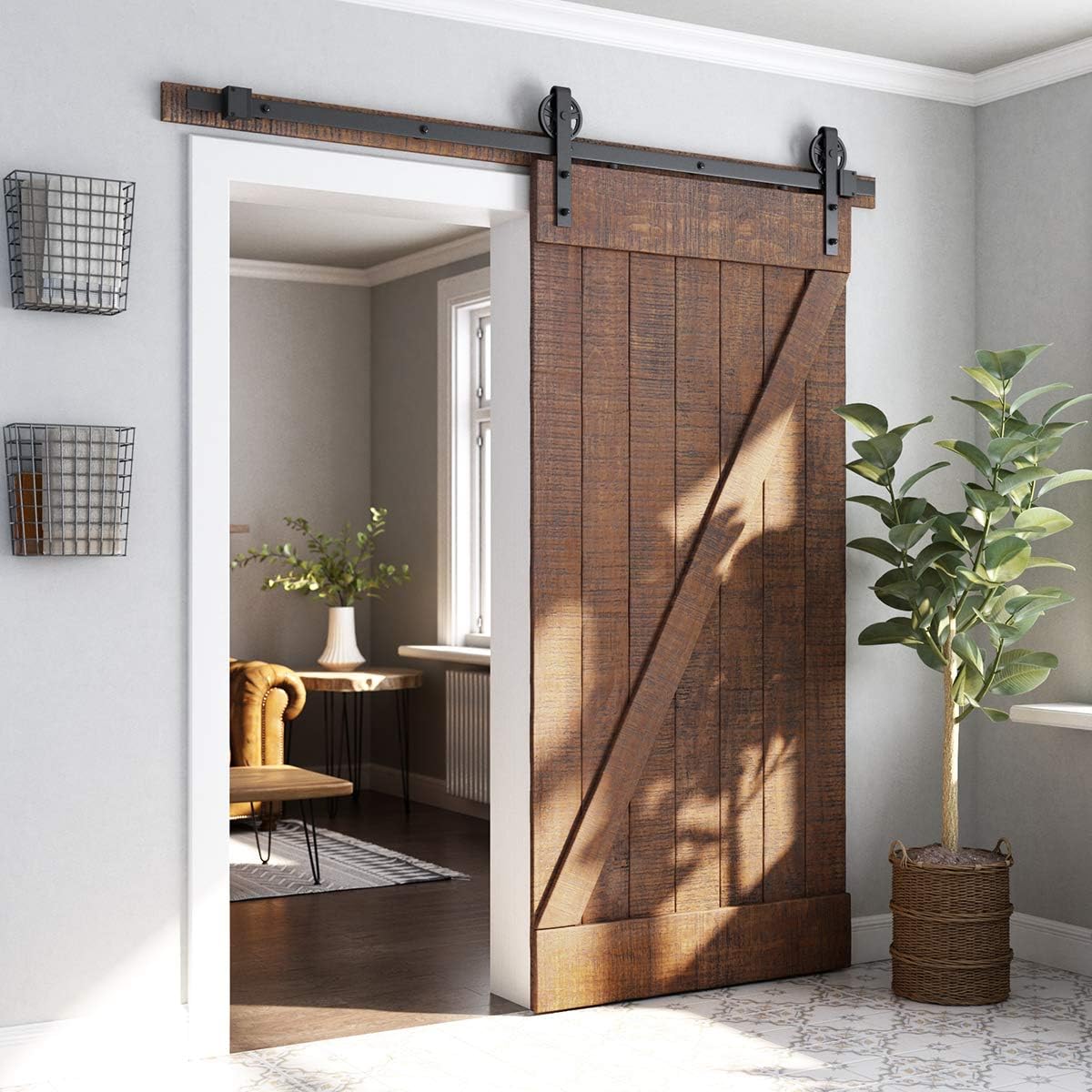 6.6 Ft Heavy Duty Sliding Barn Door Hardware Kit, Black, Smooth & Quiet, Easy Install, fits 36"-40" Wide Panel - Industrial Bigwheel Hangers Available in 4-18 Ft Sizes