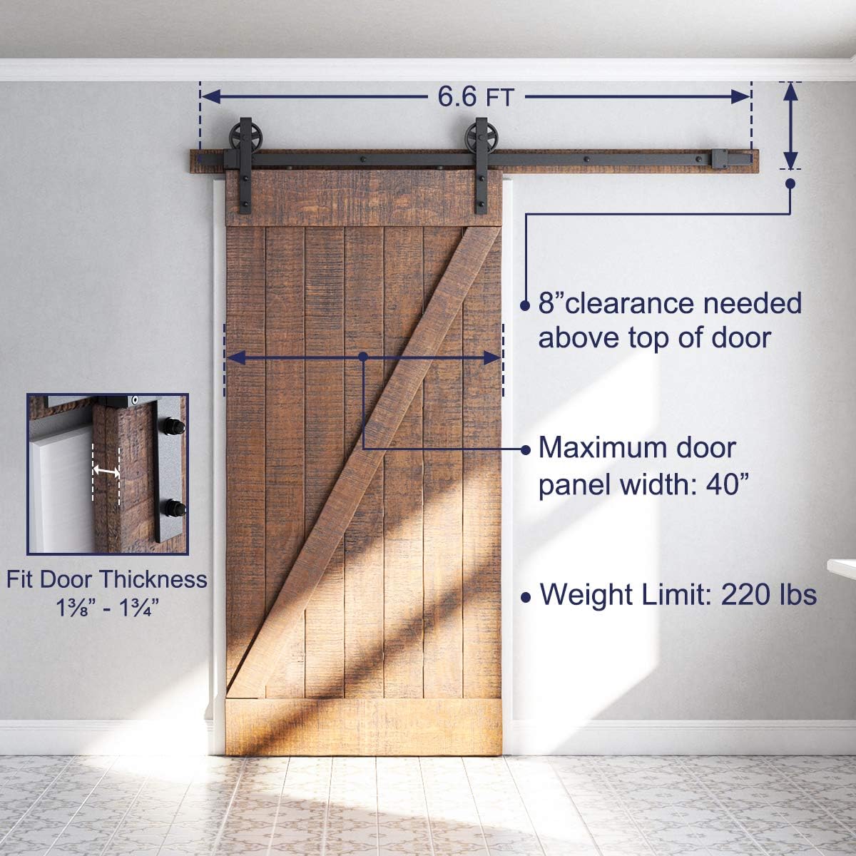 6.6 Ft Heavy Duty Sliding Barn Door Hardware Kit, Black, Smooth & Quiet, Easy Install, fits 36"-40" Wide Panel - Industrial Bigwheel Hangers Available in 4-18 Ft Sizes