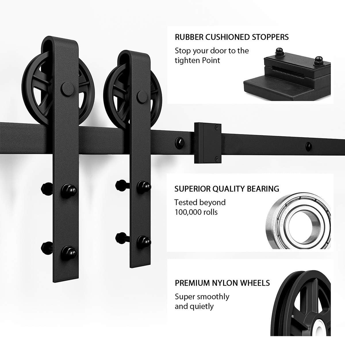 6.6 Ft Heavy Duty Sliding Barn Door Hardware Kit, Black, Smooth & Quiet, Easy Install, fits 36"-40" Wide Panel - Industrial Bigwheel Hangers Available in 4-18 Ft Sizes