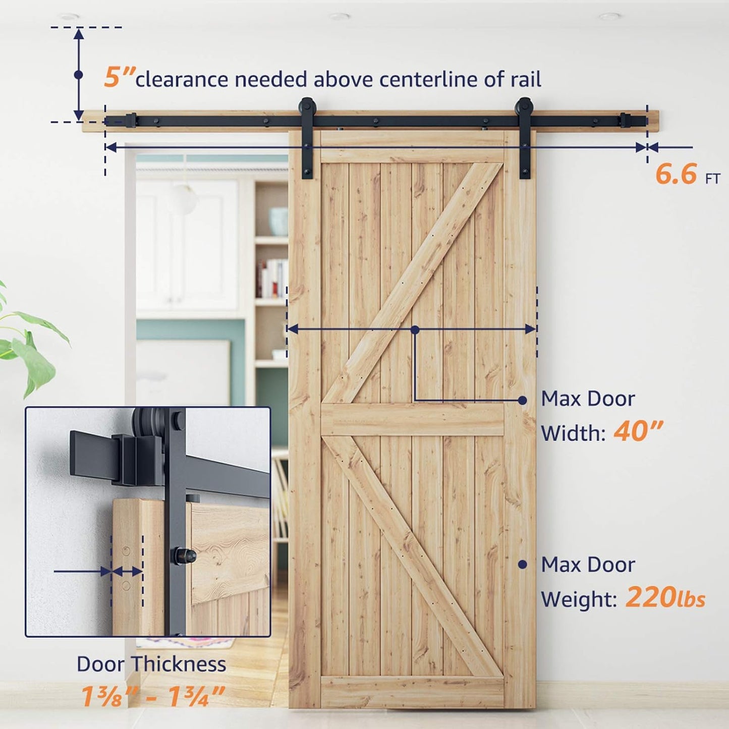 6.6FT Heavy Duty Barn Door Hardware Kit - Easy to Install, Smooth and Quiet Sliding Door Track - Fits 36"-40" Wide Panel - Sturdy Design - WildKart