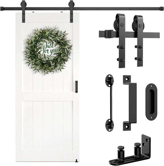 6.6FT Heavy Duty Barn Door Hardware Kit with Floor Guide, 2 Handles & Lock - Smooth Sliding Track Kit for 36"-40" Wide Panel - Interior/Exterior (J Shape Hanger) - WildKart