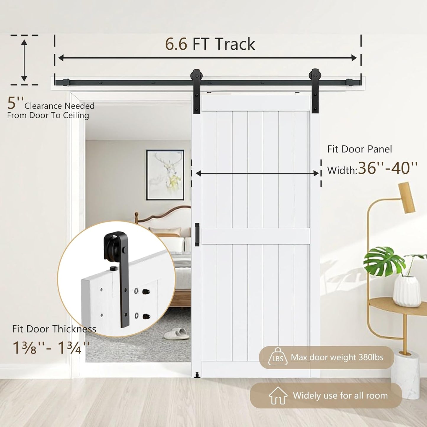 6.6FT Heavy Duty Barn Door Hardware Kit with Floor Guide, 2 Handles & Lock - Smooth Sliding Track Kit for 36"-40" Wide Panel - Interior/Exterior (J Shape Hanger) - WildKart
