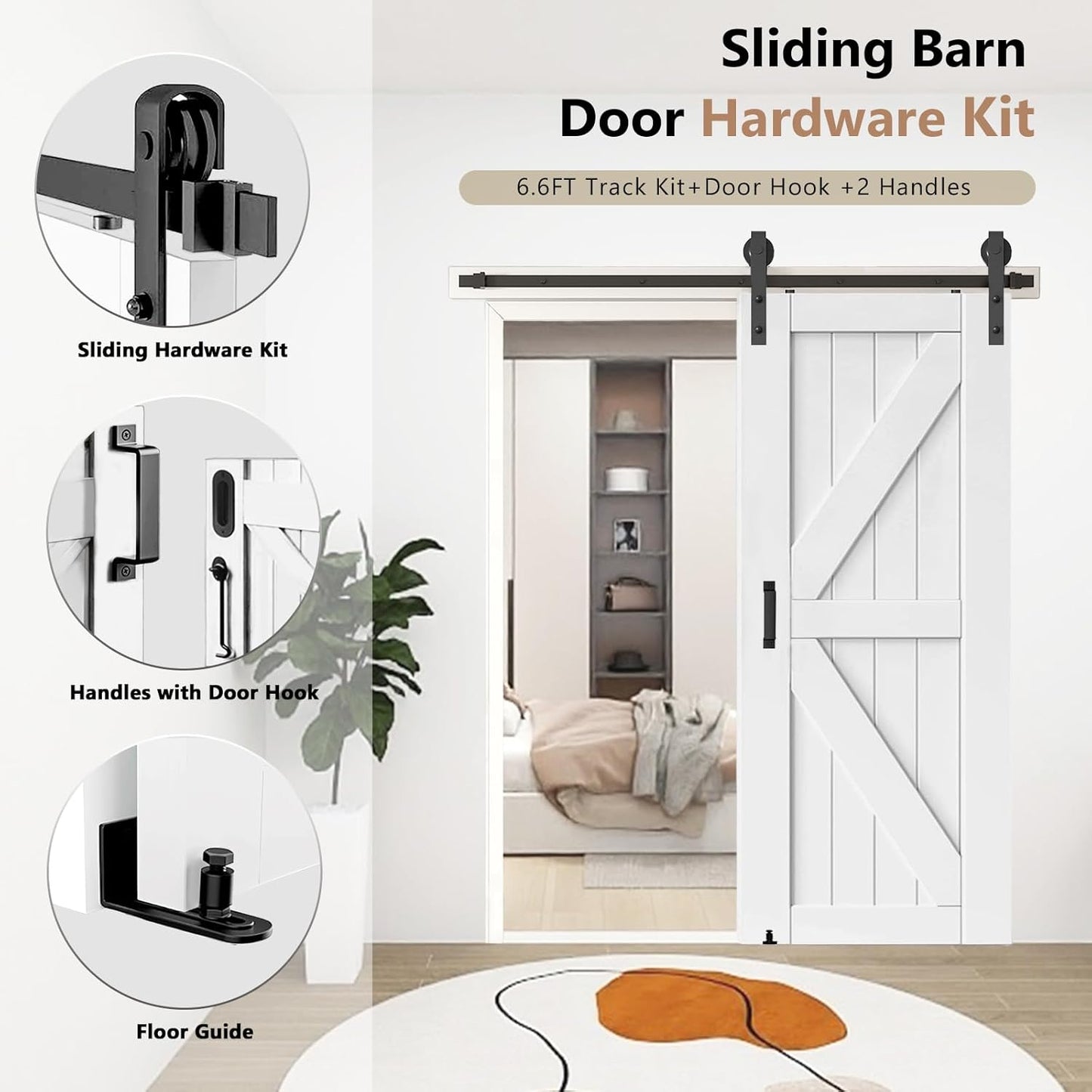 6.6FT Heavy Duty Barn Door Hardware Kit with Floor Guide, 2 Handles & Lock - Smooth Sliding Track Kit for 36"-40" Wide Panel - Interior/Exterior (J Shape Hanger) - WildKart