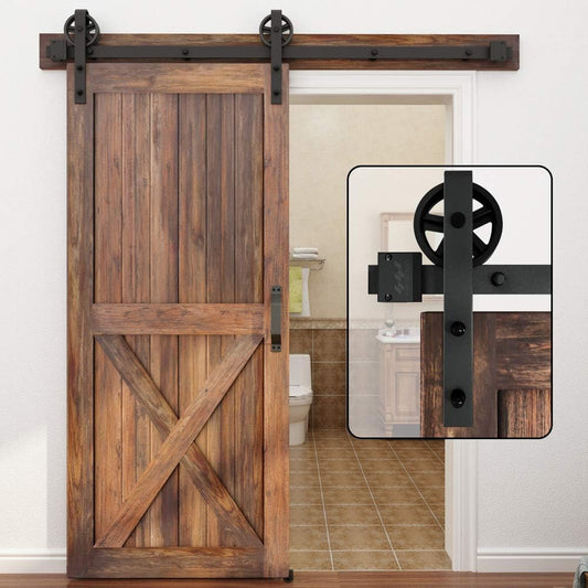 6.6FT Single Wood Sliding Barn Door Hardware Kit with Big Spoke Wheel Roller - Black Carbon Steel Flat Track System