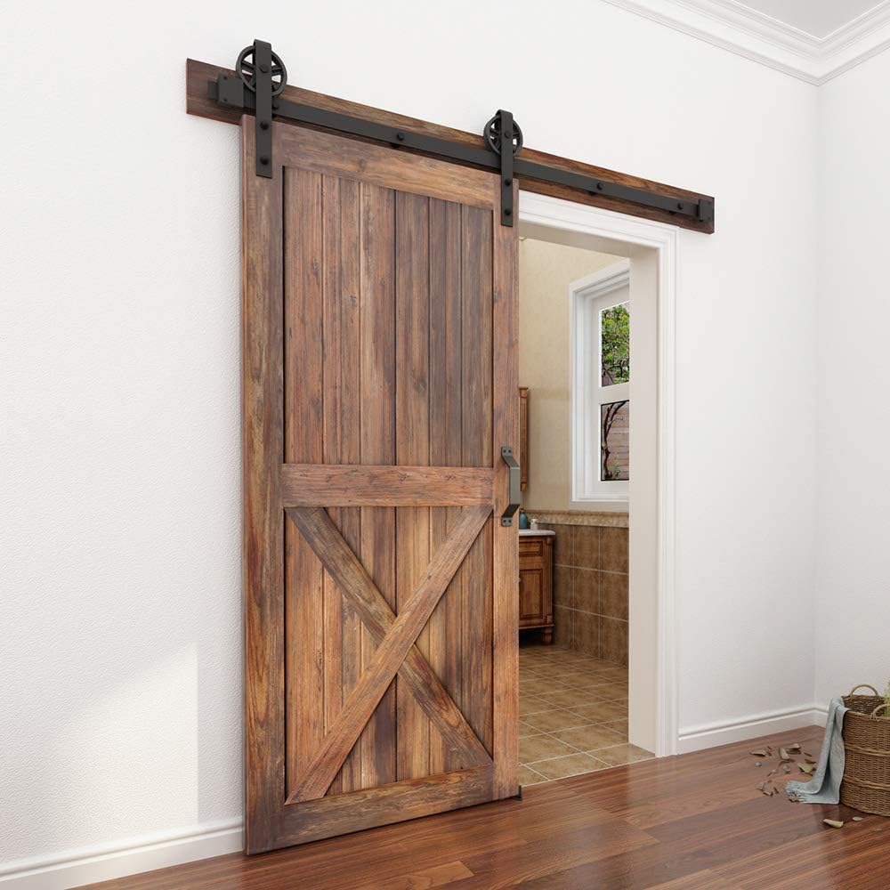 6.6FT Single Wood Sliding Barn Door Hardware Kit with Big Spoke Wheel Roller - Black Carbon Steel Flat Track System