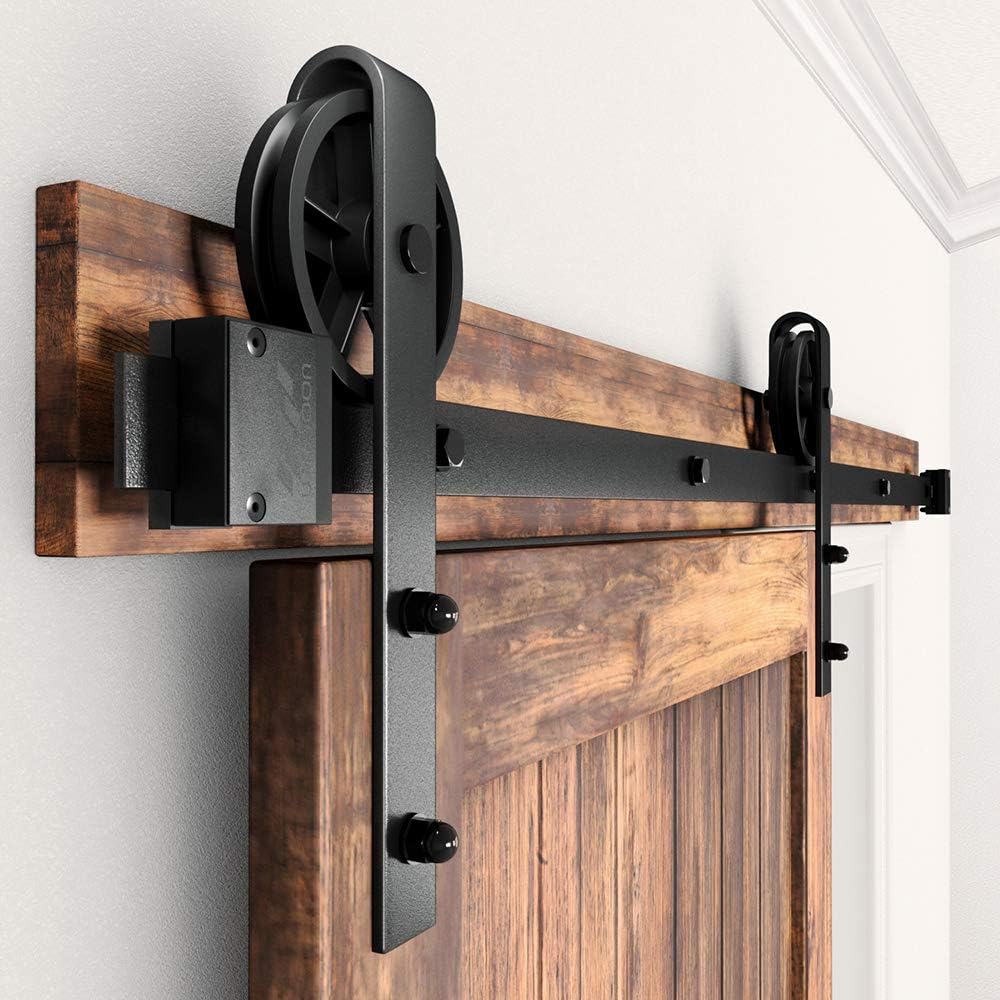 6.6FT Single Wood Sliding Barn Door Hardware Kit with Big Spoke Wheel Roller - Black Carbon Steel Flat Track System
