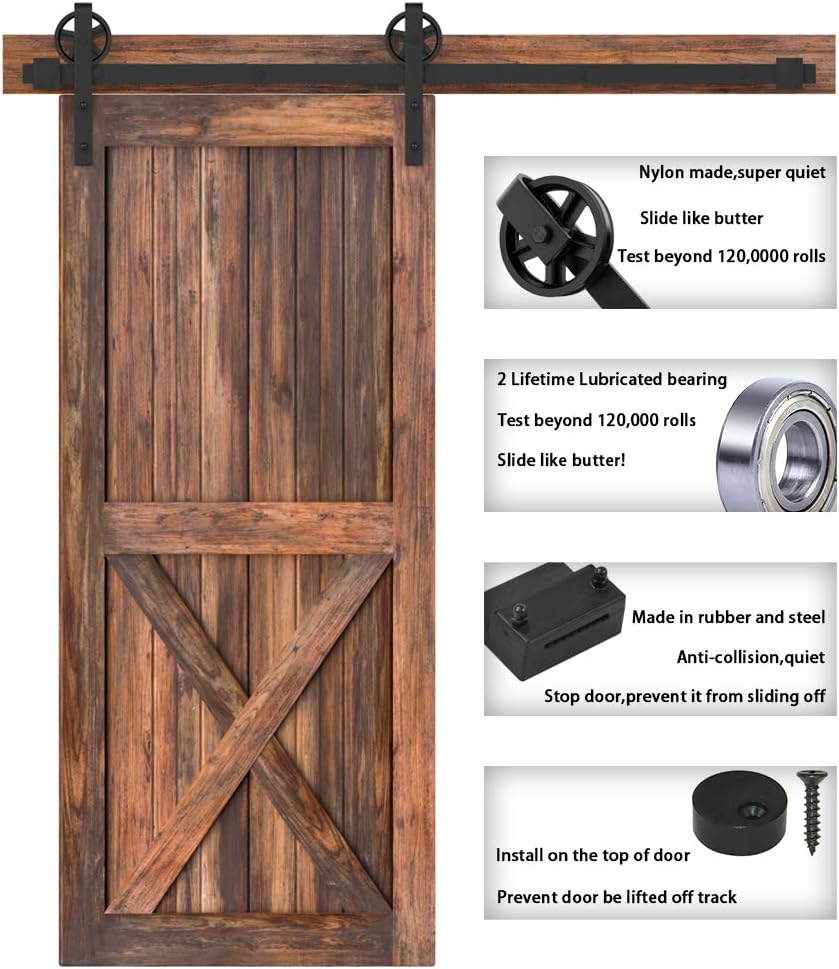 6.6FT Single Wood Sliding Barn Door Hardware Kit with Big Spoke Wheel Roller - Black Carbon Steel Flat Track System