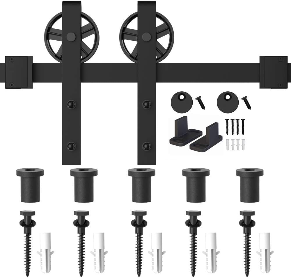 6.6FT Single Wood Sliding Barn Door Hardware Kit with Big Spoke Wheel Roller - Black Carbon Steel Flat Track System
