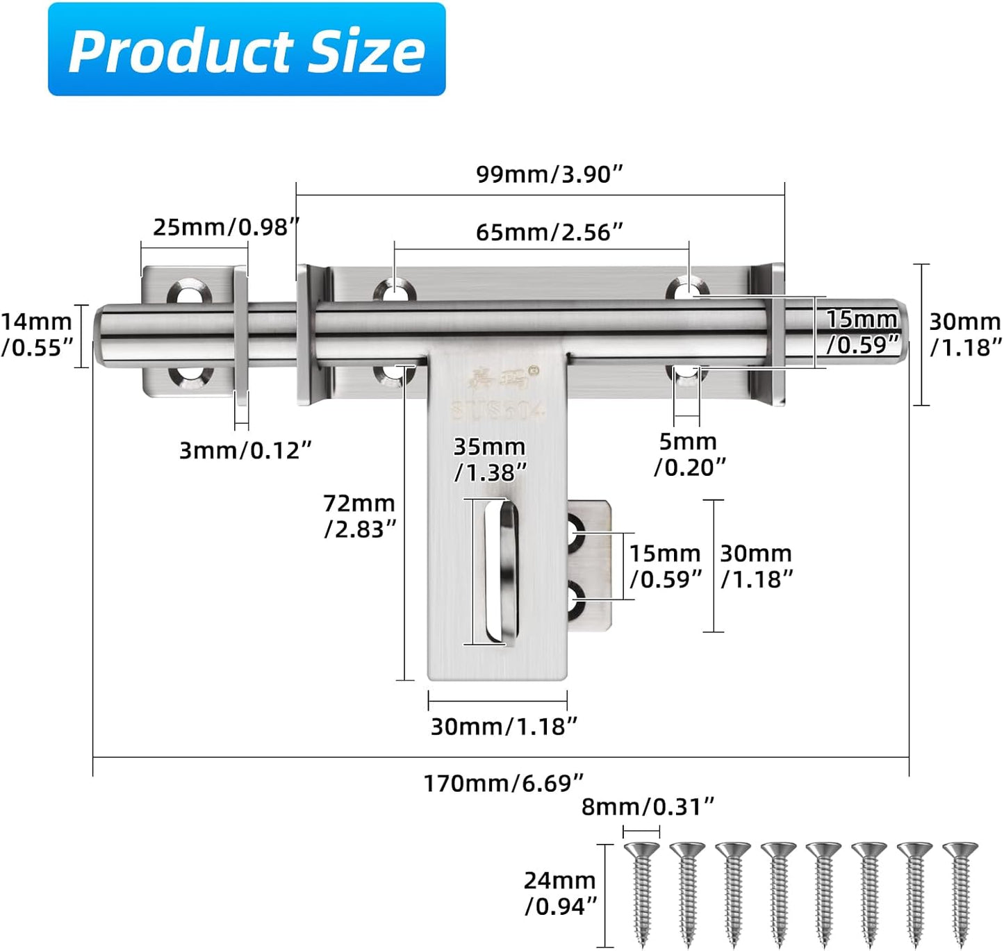 6.7 Inch Heavy Duty Stainless Steel Barrel Bolt Lock for Doors and Gates with Padlock Hole