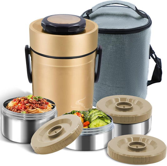 67oz Insulated Lunch Box for Hot Food, 3-Layer Stackable Thermos Jar with Insulated Bag - Ideal for Office & Outdoor Dining (Gold)