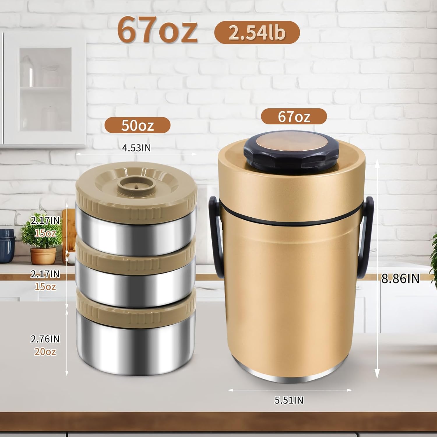 67oz Insulated Lunch Box for Hot Food, 3-Layer Stackable Thermos Jar with Insulated Bag - Ideal for Office & Outdoor Dining (Gold)