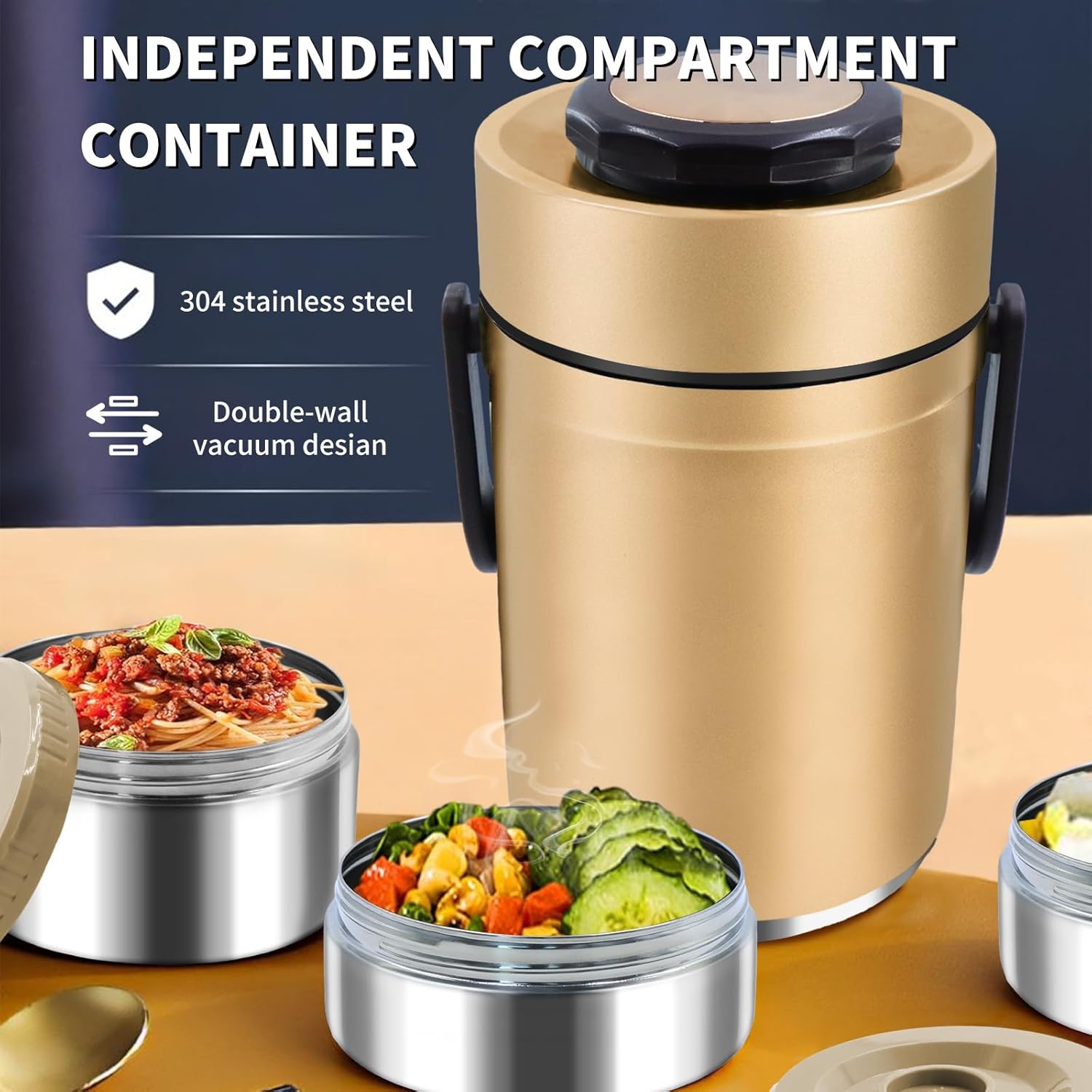 67oz Insulated Lunch Box for Hot Food, 3-Layer Stackable Thermos Jar with Insulated Bag - Ideal for Office & Outdoor Dining (Gold)