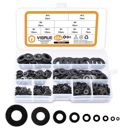 684-Piece VIGRUE Flat Washer Set - 9 Sizes M2-M12 Black Zinc Plated Alloy Steel Hardware Assortment