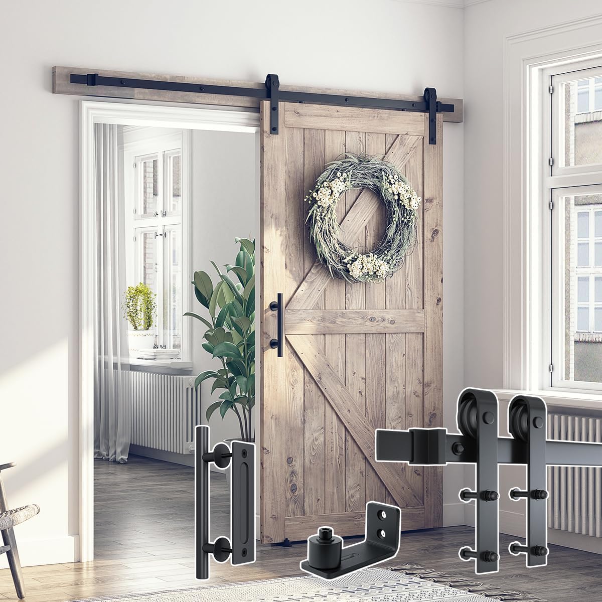 6.8FT Sliding Barn Door Hardware Kit with Pull Handle Set & Floor Guide - Smooth & Quiet Operation, Easy Installation - Fits 36"-40" Wide Door Panel - WildKart