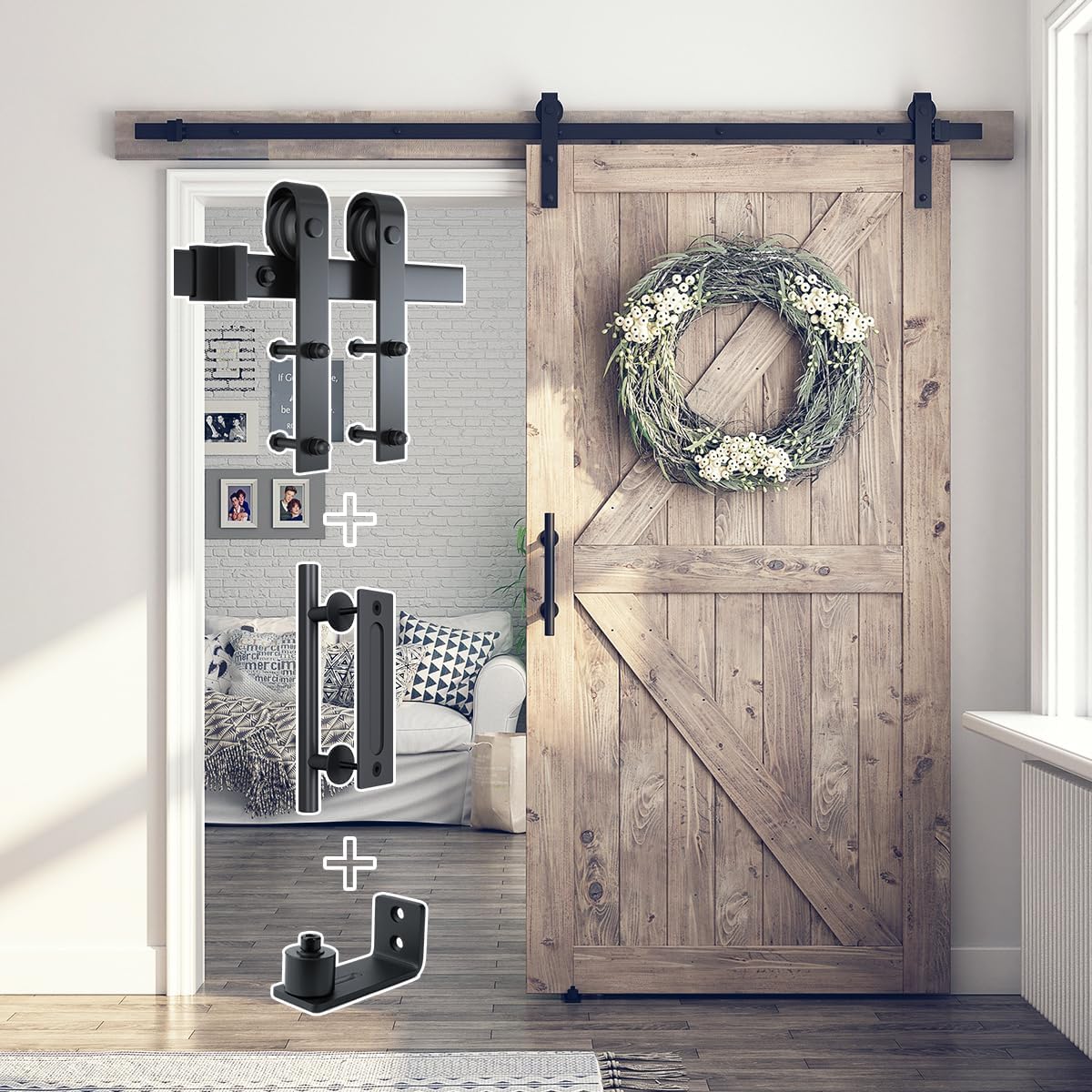 6.8FT Sliding Barn Door Hardware Kit with Pull Handle Set & Floor Guide - Smooth & Quiet Operation, Easy Installation - Fits 36"-40" Wide Door Panel - WildKart