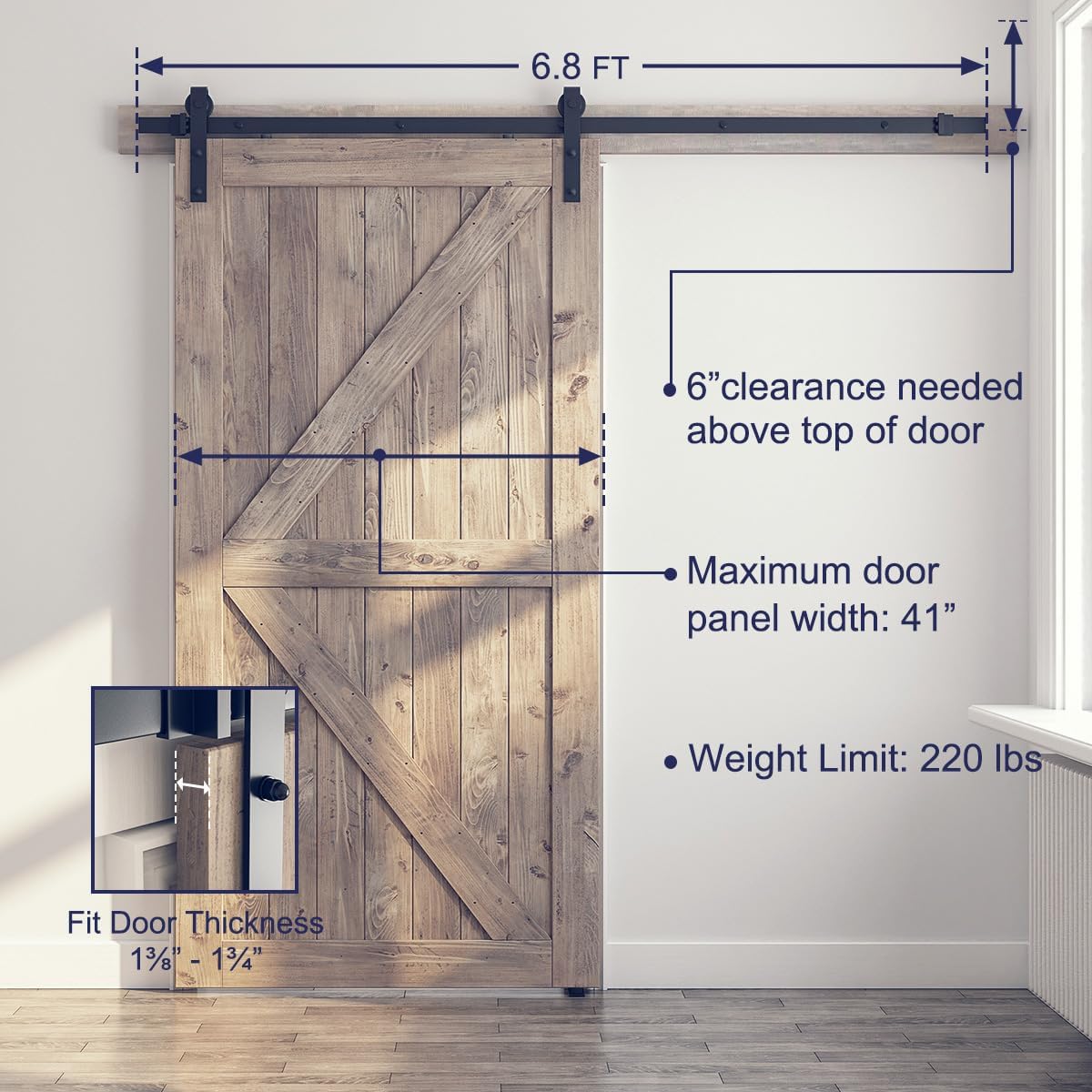 6.8FT Sliding Barn Door Hardware Kit with Pull Handle Set & Floor Guide - Smooth & Quiet Operation, Easy Installation - Fits 36"-40" Wide Door Panel - WildKart