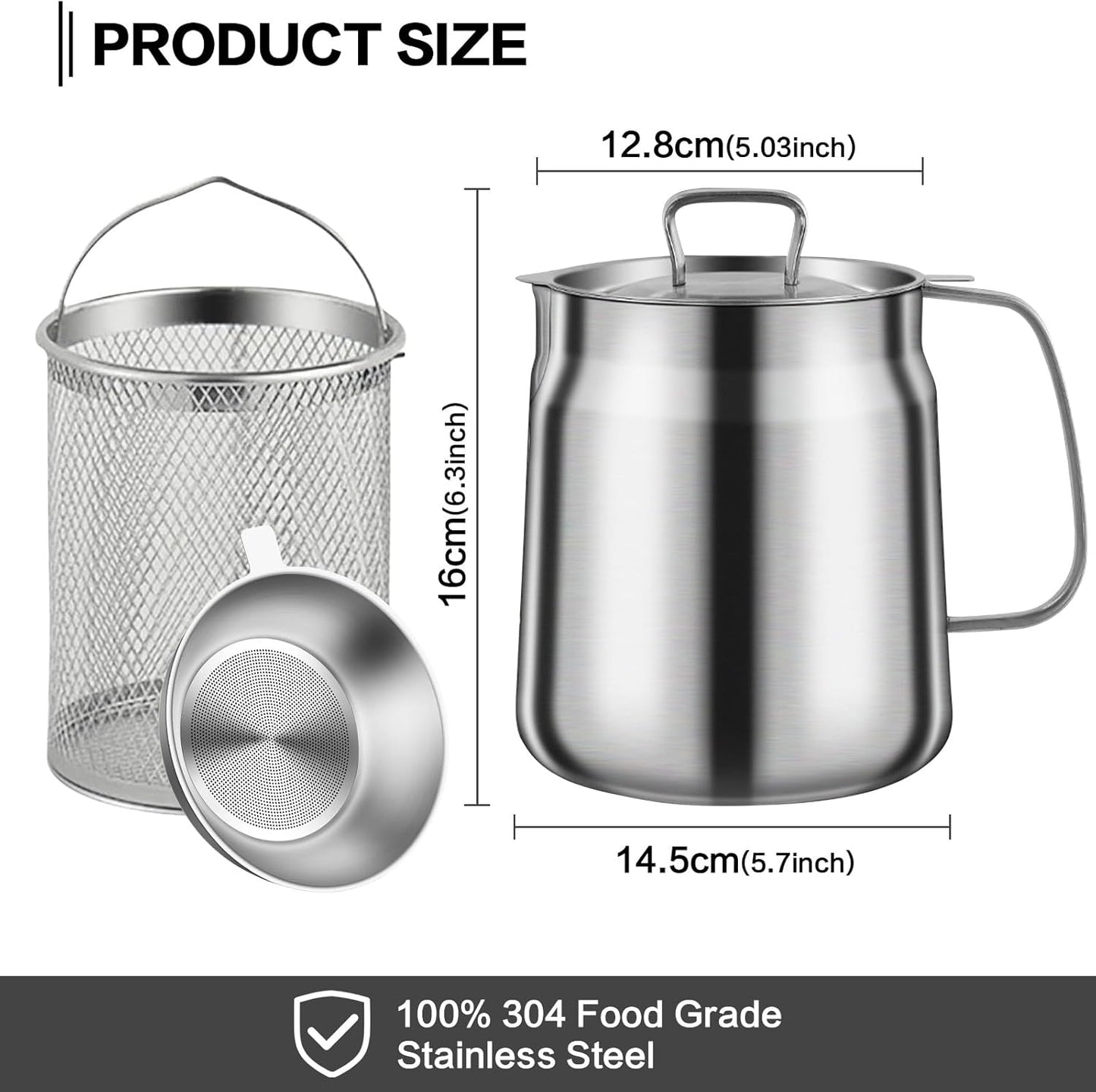 68oz/2L 2-in-1 Stainless Steel Oil Strainer Pot with Frying Basket, Seal Lid - Heavy Duty Cooking Oil Filter Vessel for Kitchen/Camping