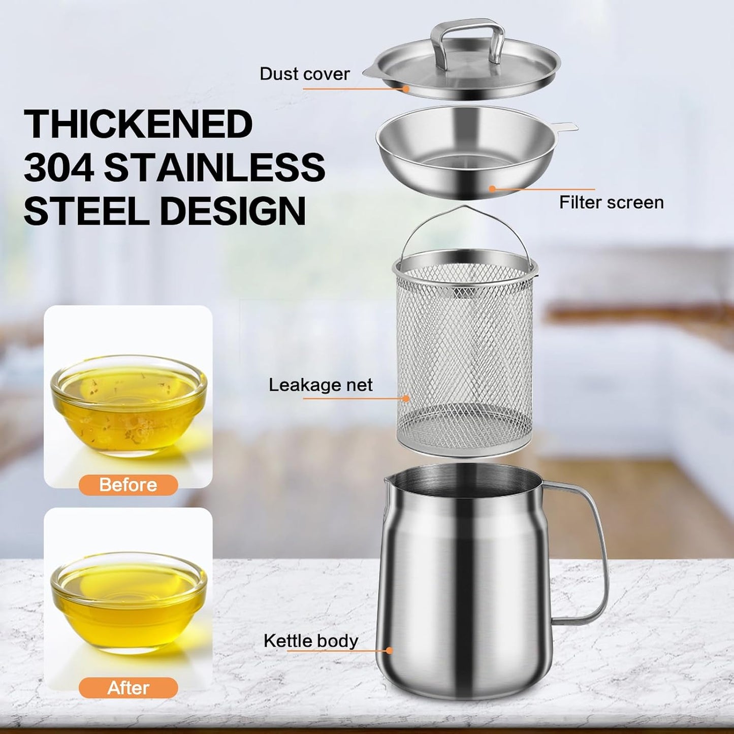 68oz/2L 2-in-1 Stainless Steel Oil Strainer Pot with Frying Basket, Seal Lid - Heavy Duty Cooking Oil Filter Vessel for Kitchen/Camping
