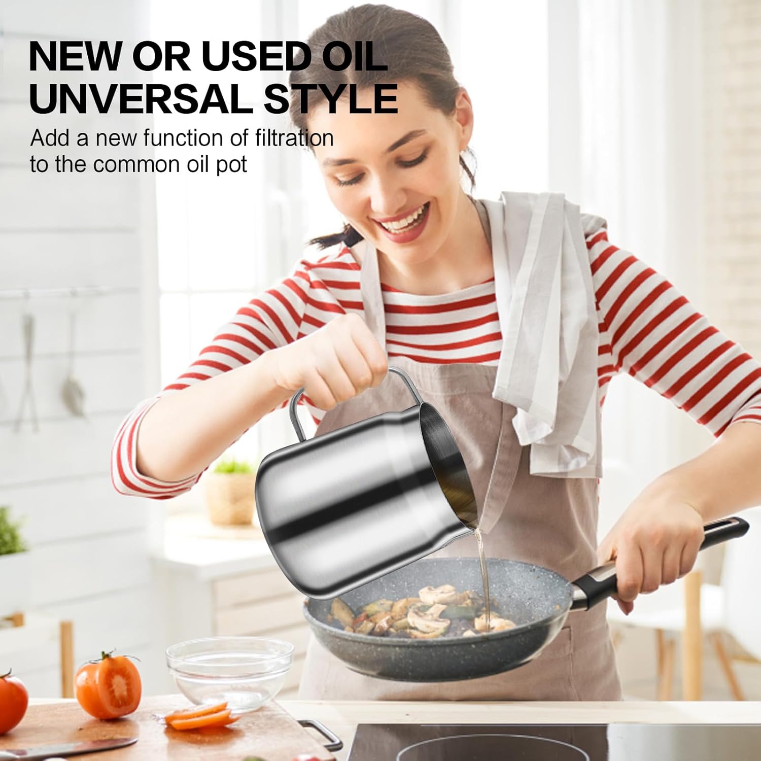 68oz/2L 2-in-1 Stainless Steel Oil Strainer Pot with Frying Basket, Seal Lid - Heavy Duty Cooking Oil Filter Vessel for Kitchen/Camping