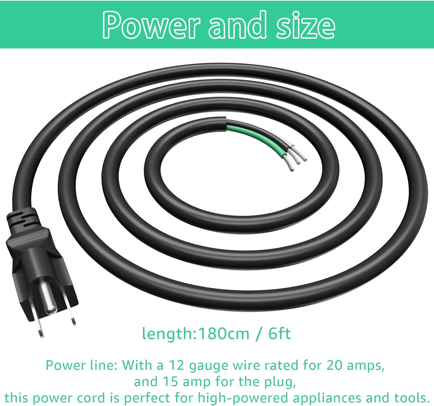 6ft 12 Gauge 3 Prong Heavy Duty Replacement Power Supply Cord Cable for Electrical Appliances, Power Tools, Dishwashers, Grinders - Black