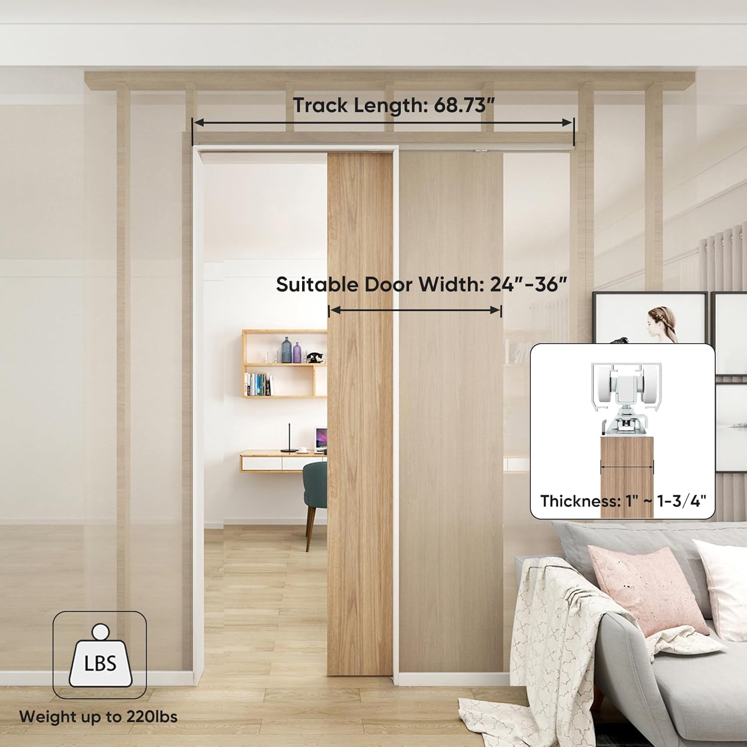 6FT Barnsmith Pocket Door Kit with Durable Track and White Rollers - Easy Installation for 24"-36" Wide Doors