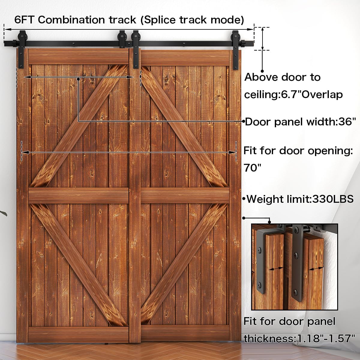6FT Bypass Sliding Barn Door Hardware Kit for Double Wooden Doors - Fits 70" Door Opening - WildKart