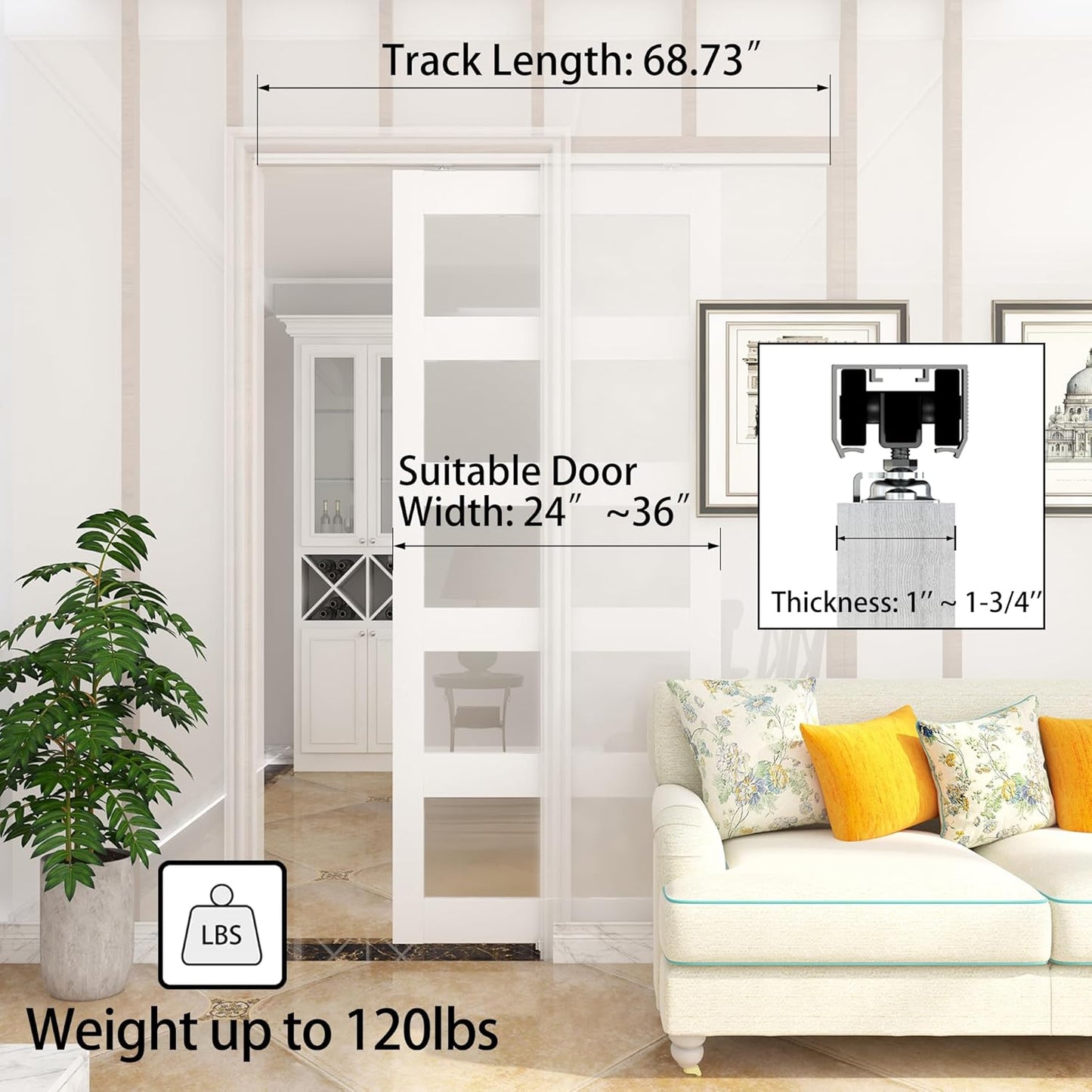 6FT Commercial Grade Pocket Door Hardware and Track Set with Soft Close Mechanism - Fits 24"-36" Wide Doors - Durable, Smooth, and Easy to Install