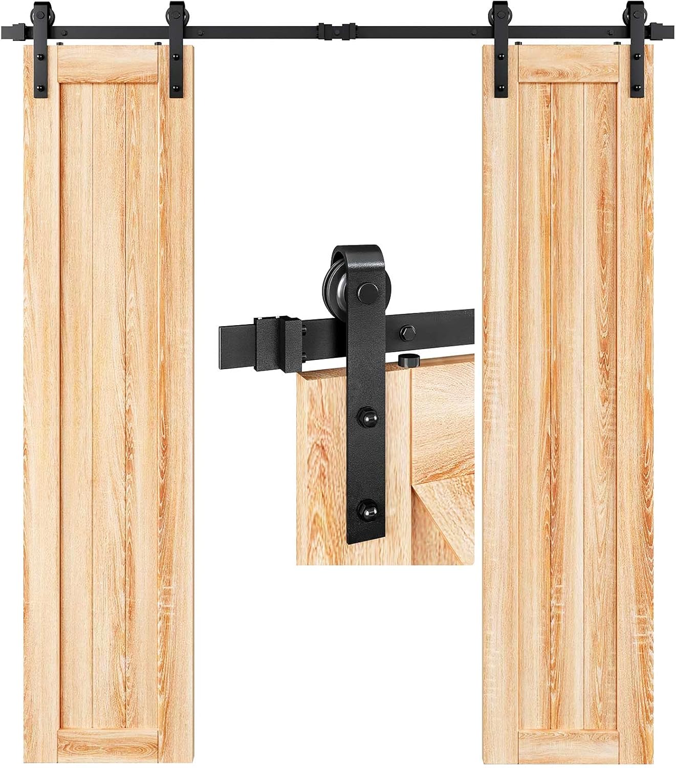 6FT Double Door Sliding Barn Door Hardware Track Kit with J Pulley - Heavy Duty, Smooth and Quiet Operation - Easy Installation for Double 18" Wide Doors