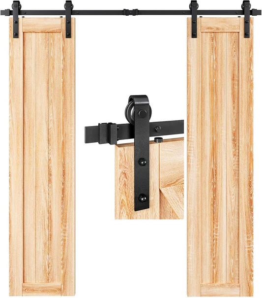 6FT Double Door Sliding Barn Door Hardware Track Kit with J Pulley - Heavy Duty, Smooth and Quiet Operation - Easy Installation for Double 18" Wide Doors