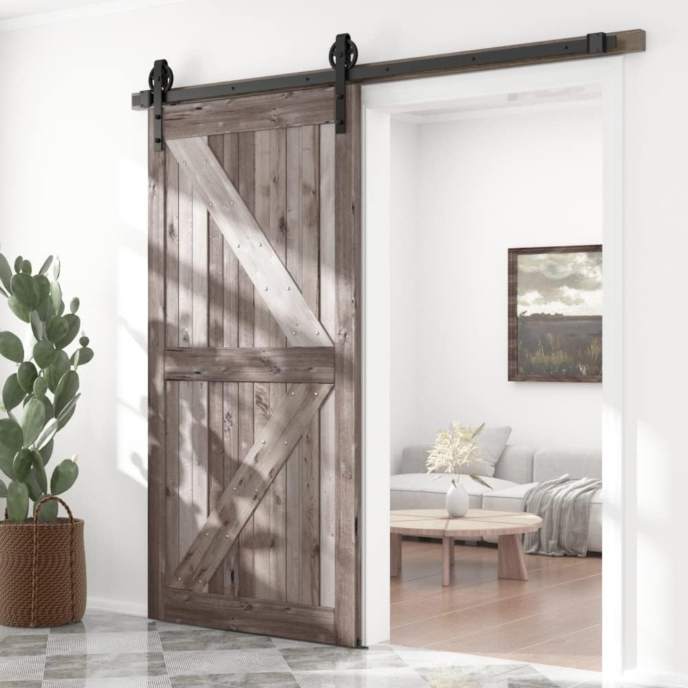 6FT Single Sliding Barn Door Hardware Kit - Smooth, Quiet, Easy Installation - Black (Big Wheel) - 1/4" Thick Material - 4FT-13FT Available