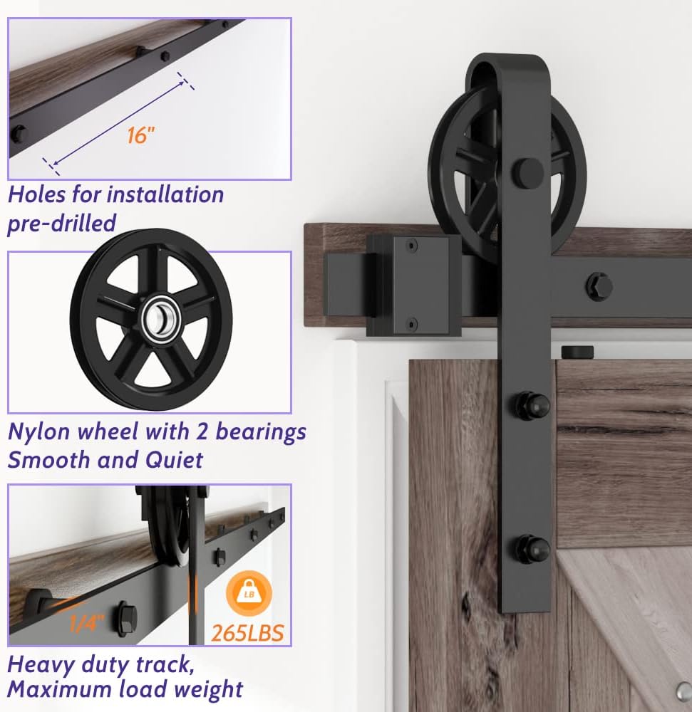 6FT Single Sliding Barn Door Hardware Kit - Smooth, Quiet, Easy Installation - Black (Big Wheel) - 1/4" Thick Material - 4FT-13FT Available