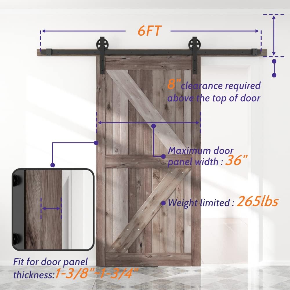 6FT Single Sliding Barn Door Hardware Kit - Smooth, Quiet, Easy Installation - Black (Big Wheel) - 1/4" Thick Material - 4FT-13FT Available