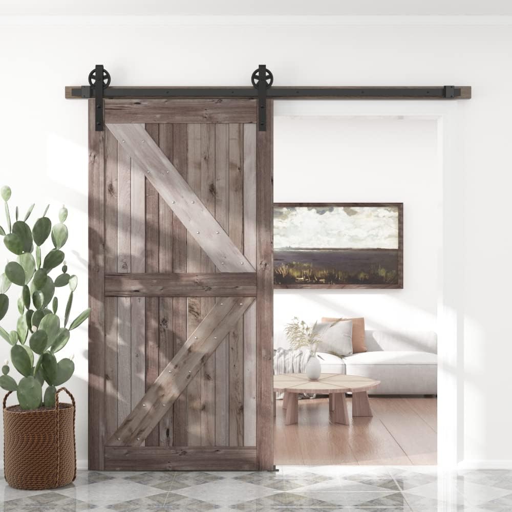 6FT Single Sliding Barn Door Hardware Kit - Smooth, Quiet, Easy Installation - Black (Big Wheel) - 1/4" Thick Material - 4FT-13FT Available