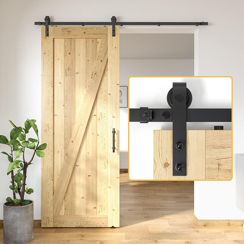 6FT Sliding Barn Door Hardware Kit - Smooth & Quiet Installation - Easy Install Manual - Lite Version - Black - SKYSEN (J-Lite-5) - WildKart