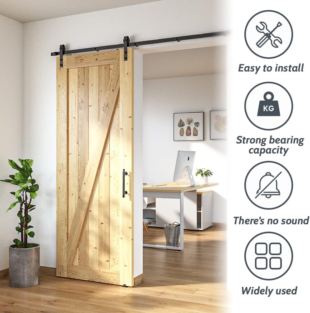 6FT Sliding Barn Door Hardware Kit - Smooth & Quiet Installation - Easy Install Manual - Lite Version - Black - SKYSEN (J-Lite-5) - WildKart