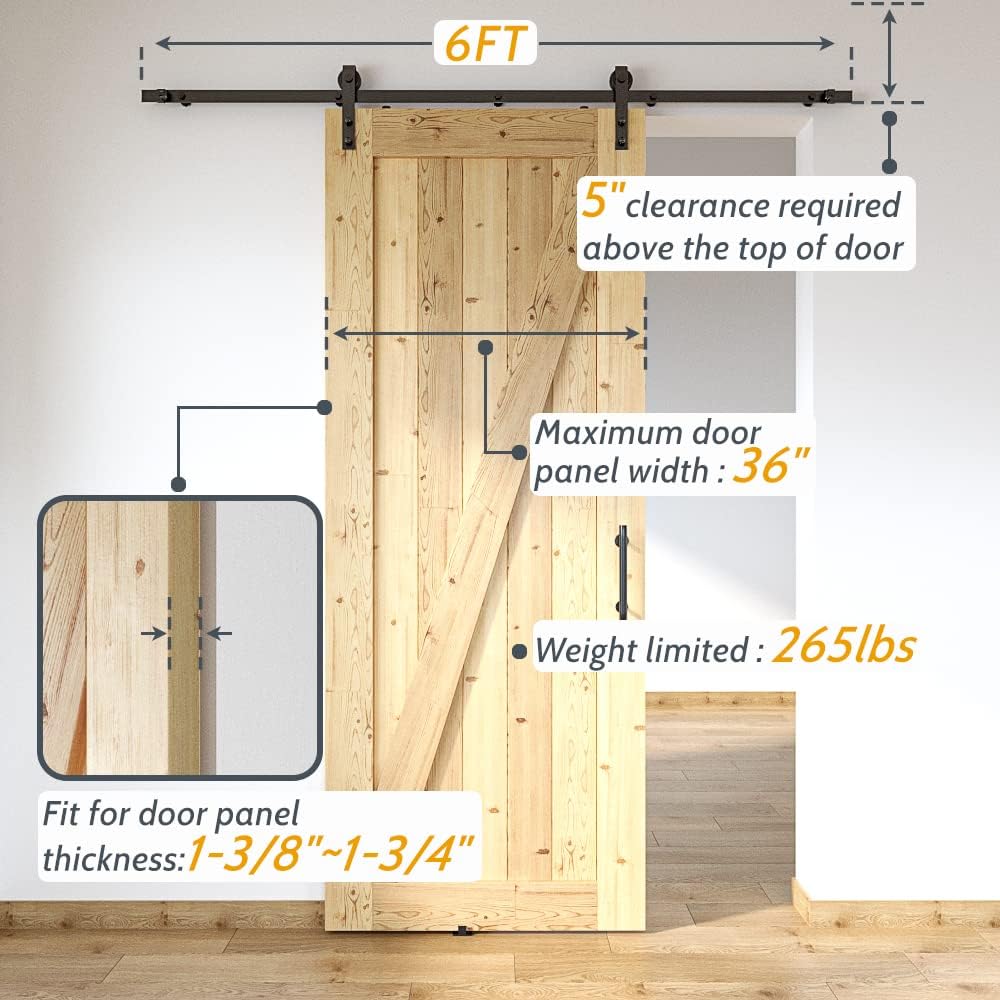 6FT Sliding Barn Door Hardware Kit - Smooth & Quiet Installation - Easy Install Manual - Lite Version - Black - SKYSEN (J-Lite-5) - WildKart